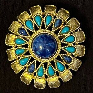 Vintage Capri Turquoise & Lapis Glass Flower Brooch – Rare/Hard to Find